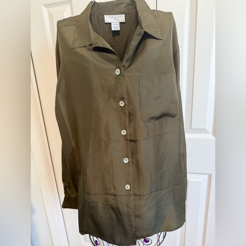 Casual Corner Olive 100% silk  Button-Front Shirt.
L - Picture 2 of 8